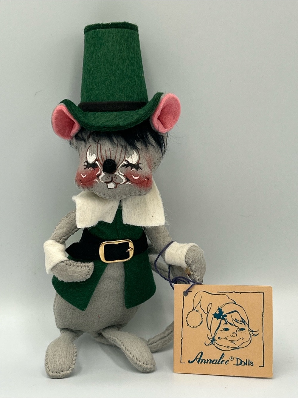 Annalee Green Felt Leprechaun Mouse Doll with Pink Ear Accents